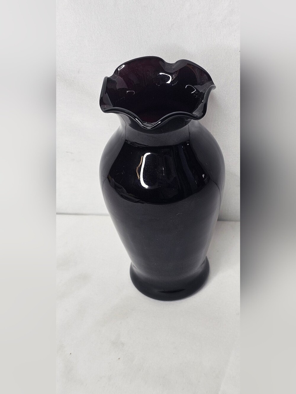 Vintage Black Amethyst Glass Ruffled Vase | 5.5" Dark Purple Crimped Rim Urn - Picture 1 of 7